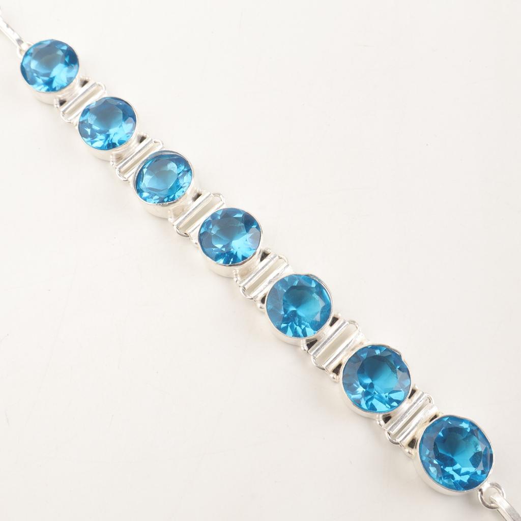 Rare Swiss Blue Topaz Gemstone Handmade 925 Sterling Silver Jewelry Bracelet 9" RB-7-6