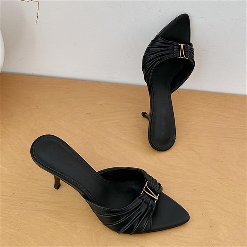 Eiyken Летние Элегантные Шлепанцы на Тонком Каблуке с Металлической Пряжкой Модные Женские Туфли с Открытым Носком Остроносые Складчатые Сандалии 35 чёрный 5330₽