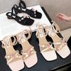 Fashion Sweet Rose Flower Summer Women Sandal Fashion Satin Square Toe Cross-tied Slide Sandals Comfortable Non-slip Open Toe Women Shoe