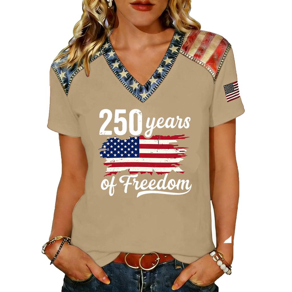 Haut T-shirt Pull Col en V Manches Courtes pour Femme avec Impression Drapeau Coupe Ample Décontracté Confortable Design Léger pour un Usage Quotidien