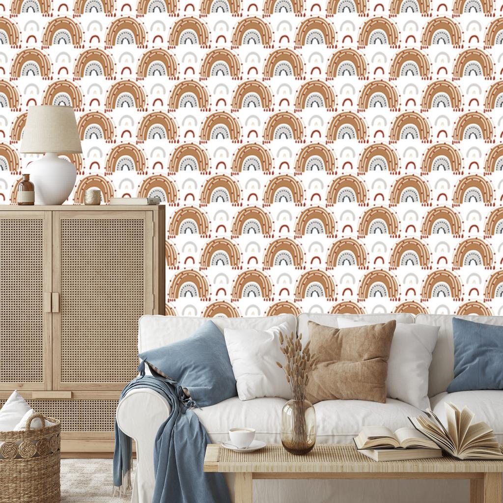 Rainbows and Butterflies Boho Wallpaper, Orange and Beige, for Living Room and Bedroom, 50x1000