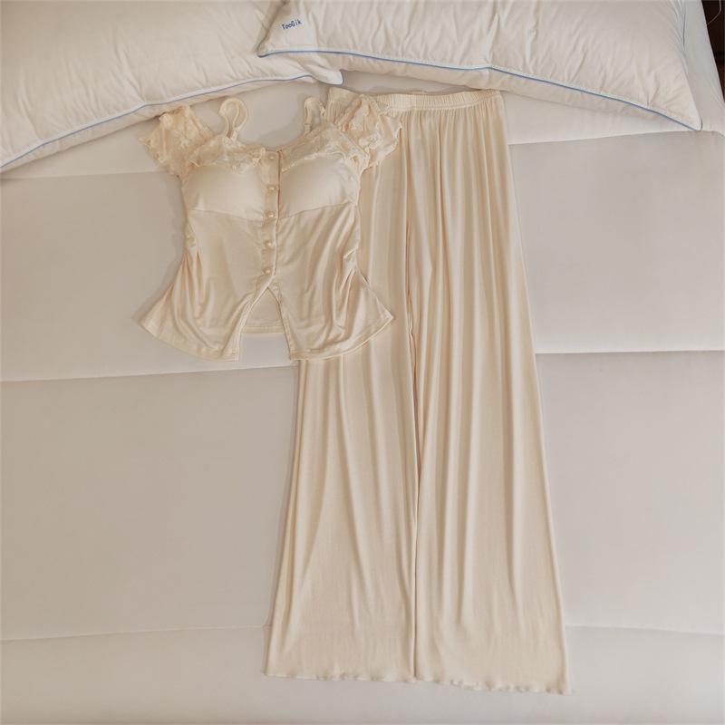 Women's Lace Camisole Sleepwear Set with Chest Pads - Sweet & Sexy Spring/Summer Homewear.