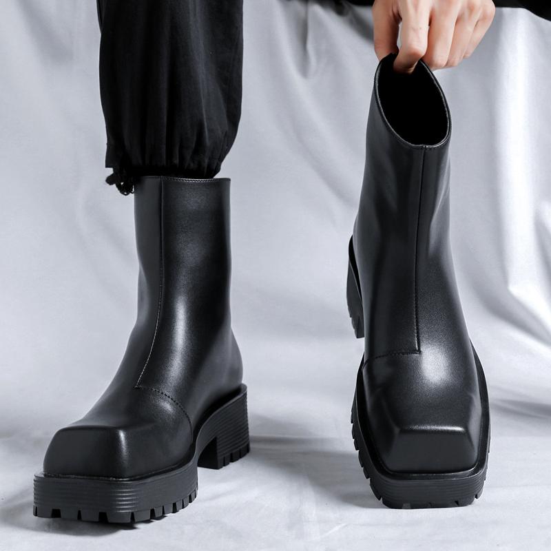 British Style Square Toe Chelsea Men's Thick Soled Business Formal Zipper High Top Leather Boots Winter Fluffy Men's Denim Boots