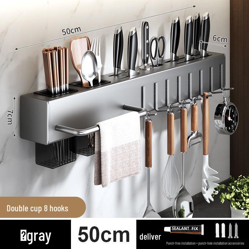 

Настенная кухонная полка для хранения без сверления: Прочный держатель для ножей и кухонной утвари с многофункциональным отделением для хранения палочек для еды