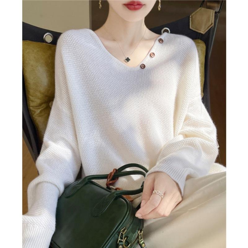 V-neck knitted sweater women's autumn and winter new solid color basic versatile soft waxy loose large size bottoming sweater