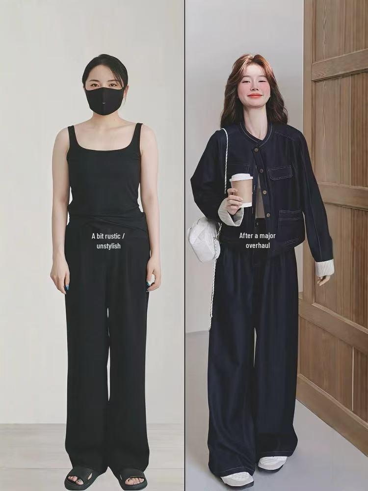 Women's Plus Size Spring & Autumn Denim Suit: Round Neck Jacket & Wide Leg Pants - Unique Two-Piece Set for Young Mothers.