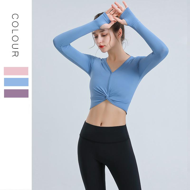 Nya Yogakläder Dam V-ringning Långärmad Tight Fitness Sporttoppar Vår och Höst Tunn Modell Löpning Snabbtorkande Kläder