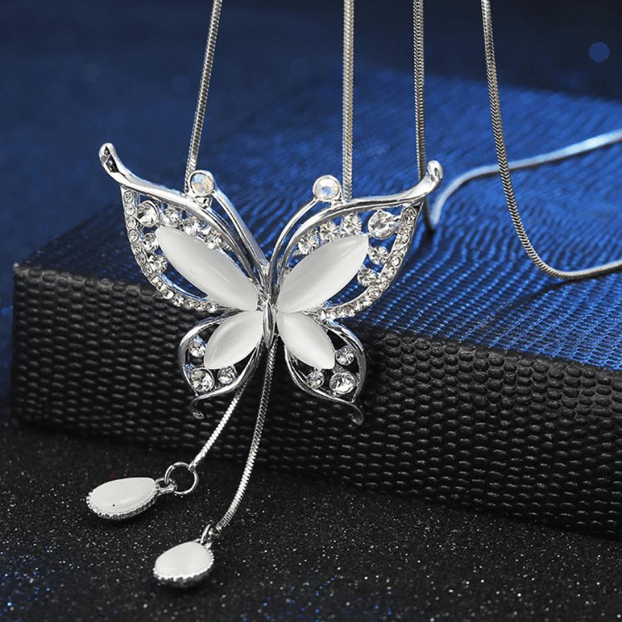 1pc Elegant Y-Shaped Necklace with Sparkling White Butterfly Pendant - Long, Dangling Rhinestone & Zinc Alloy Chain, Perfect for Everyday Fashion, Eve