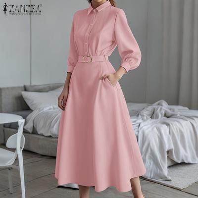 Women Casual Turn Down Collar Loose Long Sleeve Dress