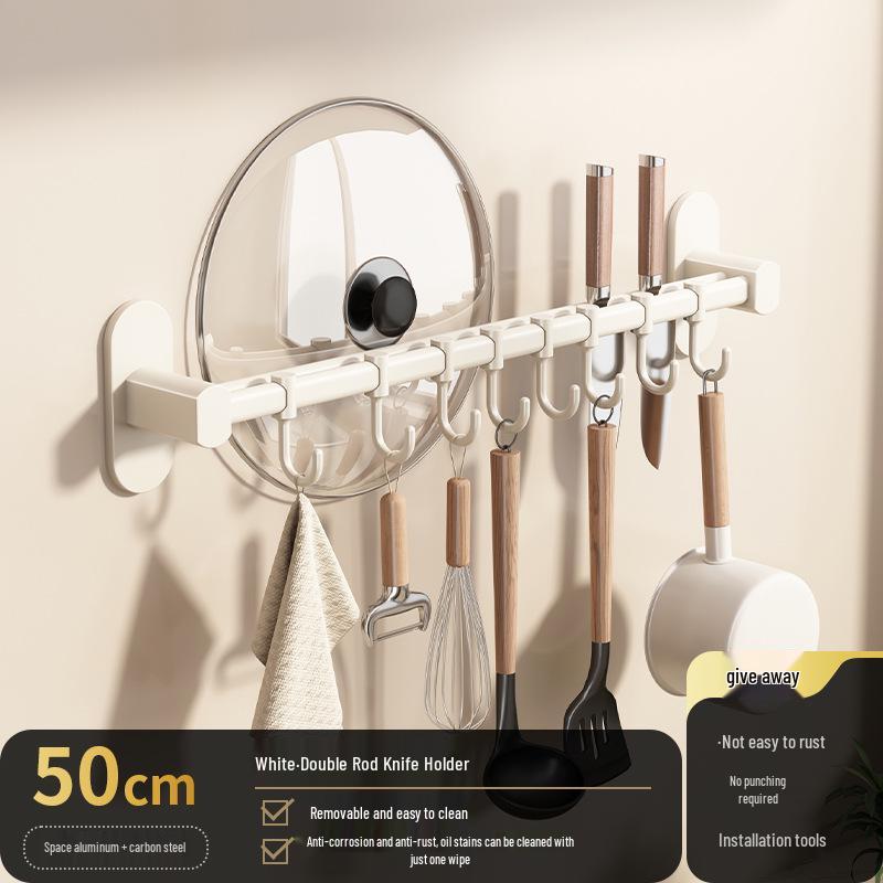 White Wall-Mounted Kitchen Rack: No-Drill Seasoning, Knife, and Chopsticks Organizer