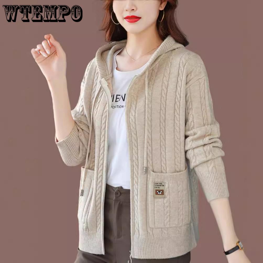Hooded Knitted Jacket for Women Versatile for Autumn and Winter Loose Solid Color Sweater Jacket Autumn and Winter Sweater Cardigan for Women