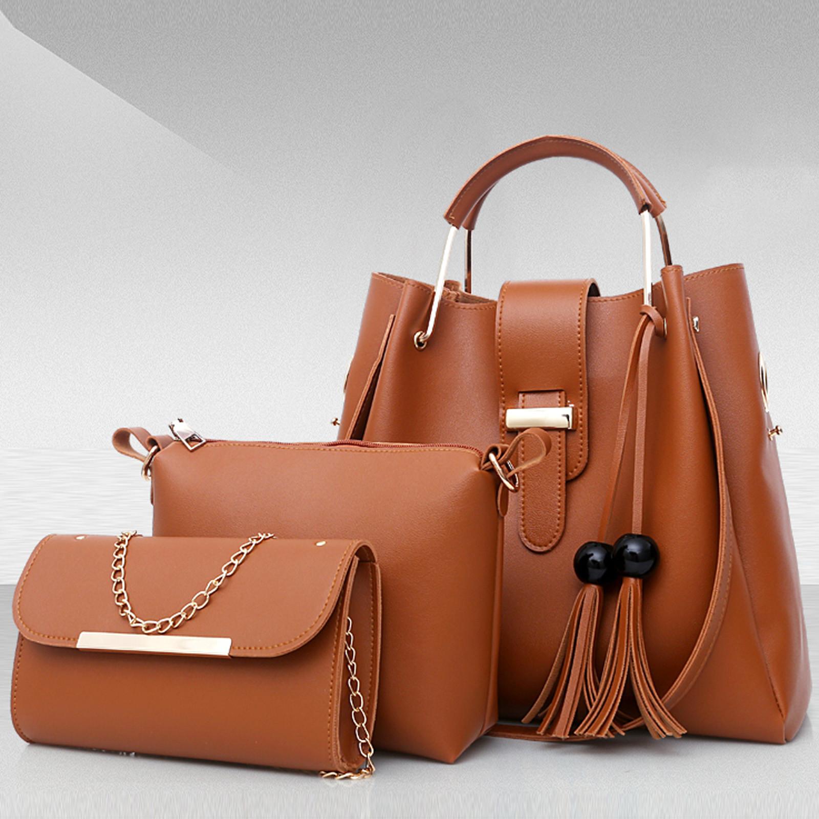 

Жіночі одноколірні модні повсякденні сумки з китицями з трьох предметів на одне плече коричневий