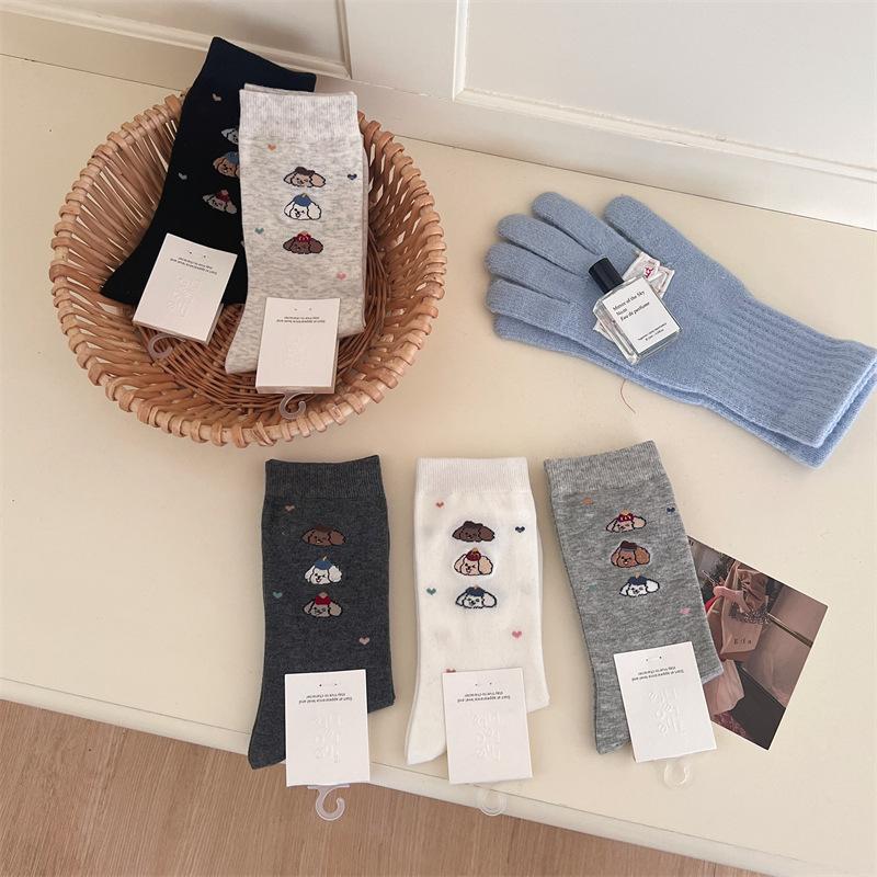 Little Dog Embroidered Socks, Pure Cotton Mid-calf Socks for Women, Boneless Anti-poughing, Cute Cartoon Pile Socks