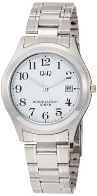 Citizen Analog Batterie Datum Metall Weiß Q&Q Herrenuhr, 10 Jahre Lebensdauer, Wasserdicht, Anzeige, Armband, W476-204,