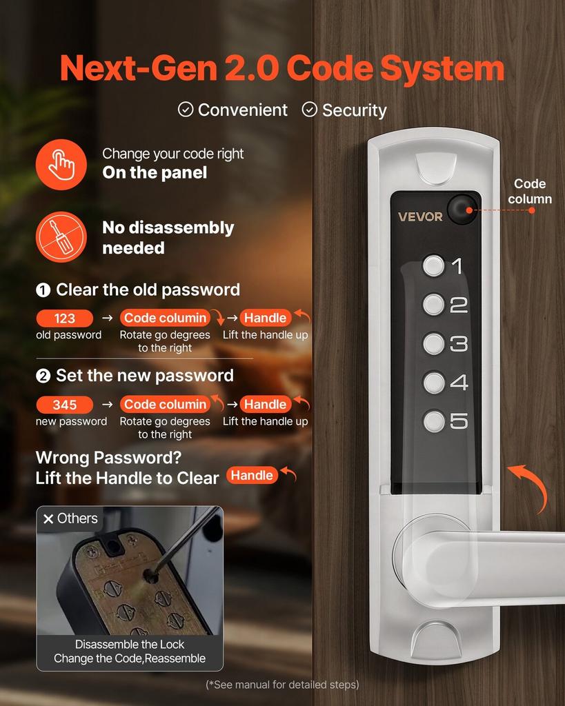 Mechanical Keyless Entry Door Lock, 2.0 Code Upgrade, 5 Digits Code, Single-Sided Push Button Combination Keypad Door Lock with Handle, Auto Locking,