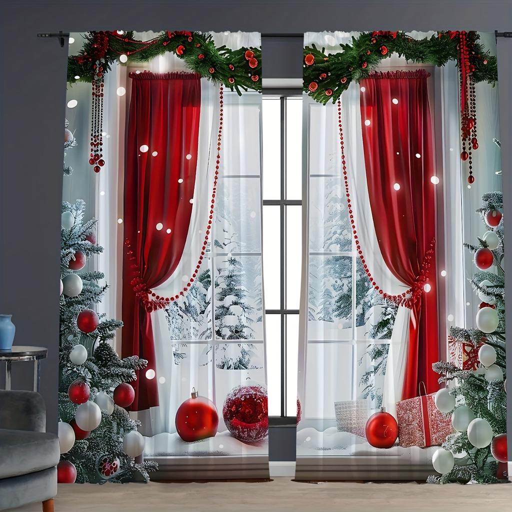 2 pezzi Tende Natalizie Festive Con Pino Verde e Ornamenti Dorati - Design a Tasca per Bastone Per Soggiorno, Camera da Letto, Decorazione Ufficio