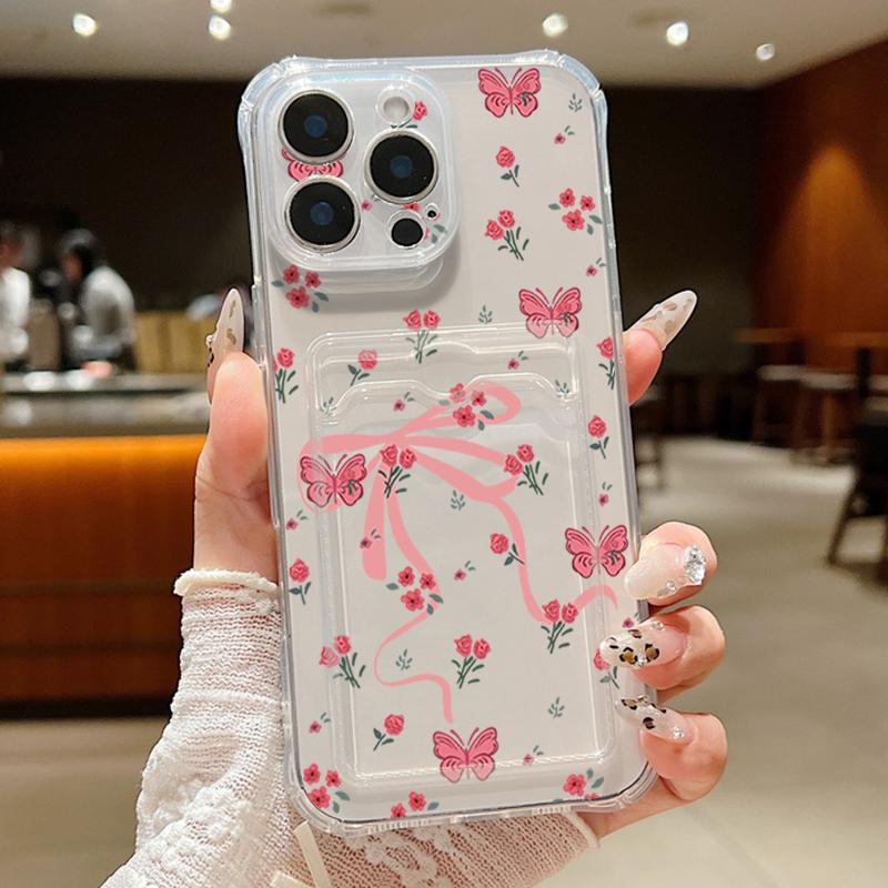 For iPhone 16 Pro Max 16E 15 14 Pro 13 12 11 Cover Bowknot Floral Print Clear Card Slot Soft Silicone Lens Protection Shockproof Slim Phone Case