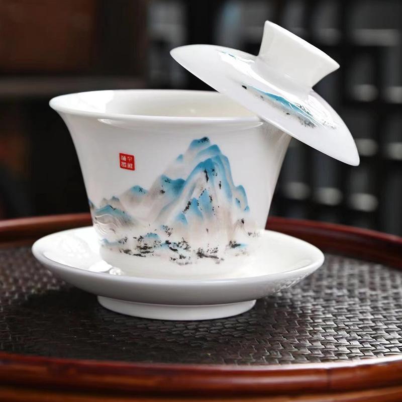 New Ice-White Filament Silver Dragon Hovering Sancai Cover Bowl Kung Fu Tea Set Home Office Light Luxury High-End Tea Cup