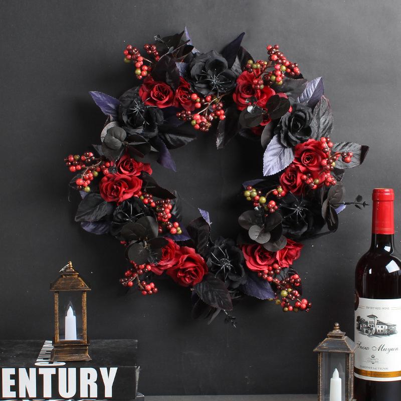 Zhongran Halloween Black And Red Fruit Rose Wreath Door Pendant Festive Dead Branch Rattan Atmosphere Decoration Props