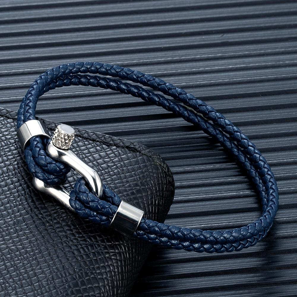 MKENDN Black Stainless Steel Shackle Bracelet Double Layer Blue Leather Handmade Nautical Jewelry for Men Women