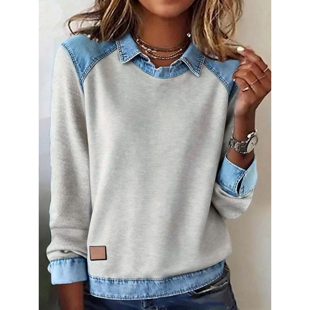 European American Women's Denim Collar Long Sleeve Pullover Spliced Knit Top, Fashion Casual Knitwear for Women