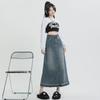 Retro Washed Denim Midi Skirt for Women, 2023 Spring/Summer, XS-XL, Spandex Blend