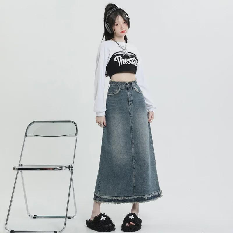 Retro Washed Denim Midi Skirt for Women, 2023 Spring/Summer, XS-XL, Spandex Blend