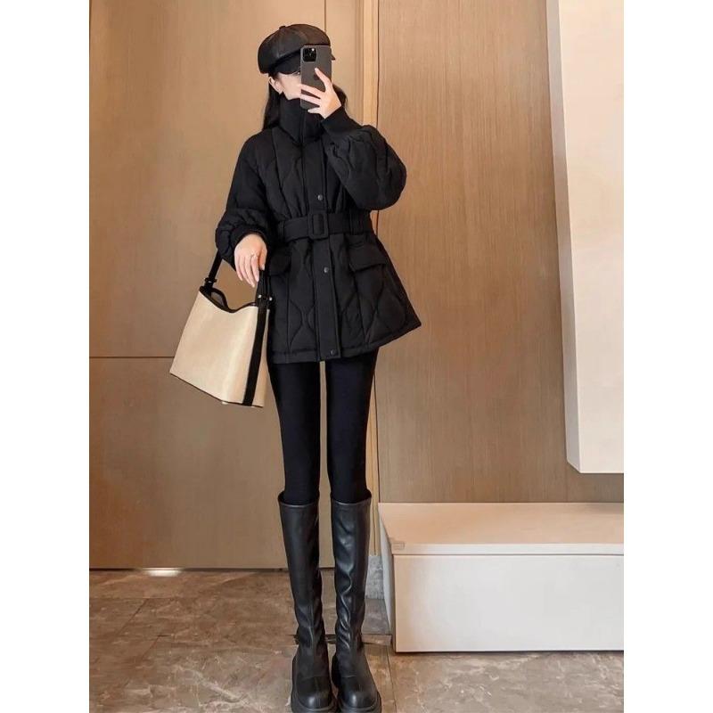 Winter Warm Quilted Down Cotton Coat Women Thickened Slim Fit Waist Belted Fashion Jacket