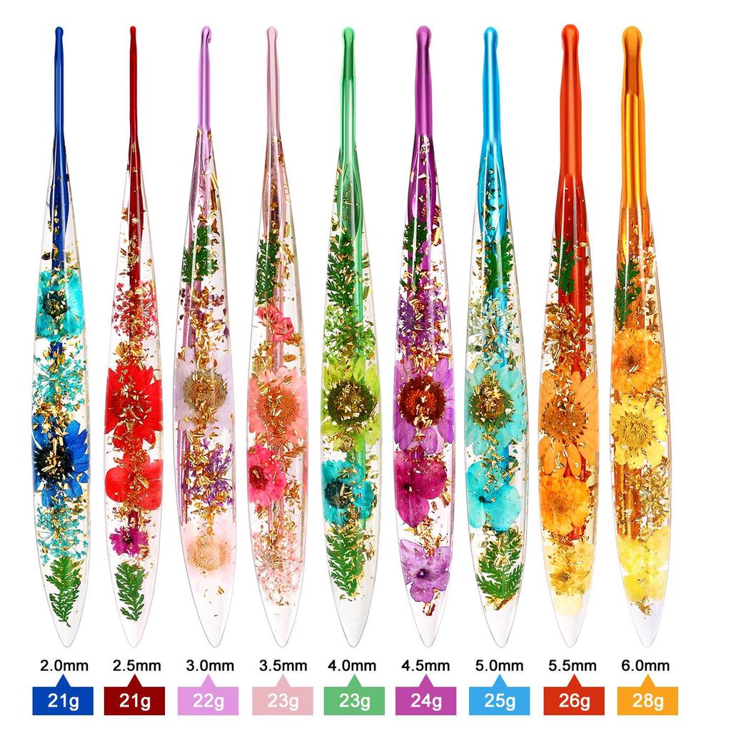 Set of 9 Colored Anodized Aluminum Crochet Hooks with Creative Resin Handles and Exquisite Flower Design