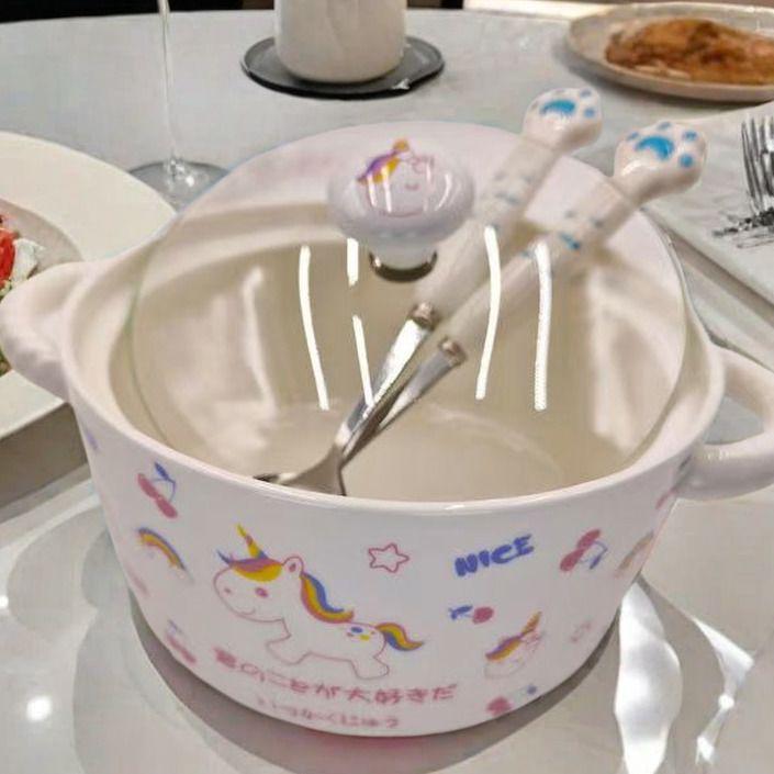 Korean Style Cute Heart Ceramic Noodle Bowl with Lid for Dorm or Bedroom Microwave Use