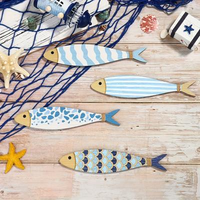 4 Pezzi Pesci di Legno Decorazione da Parete Arte da Parete Nautica Costiera Scultura da Parete Pesci Blu Decorazione da Appendere per Casa sul Lago Bagno Camera da Letto
