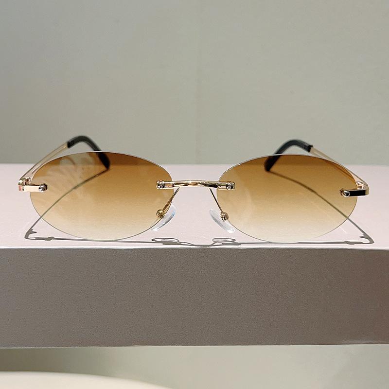 Small Oval Metal Thin Temples Ocean Lens Rimless Sunglasses Women Men Personalized Beach Vacation Sunshade UV400 Sunglasses