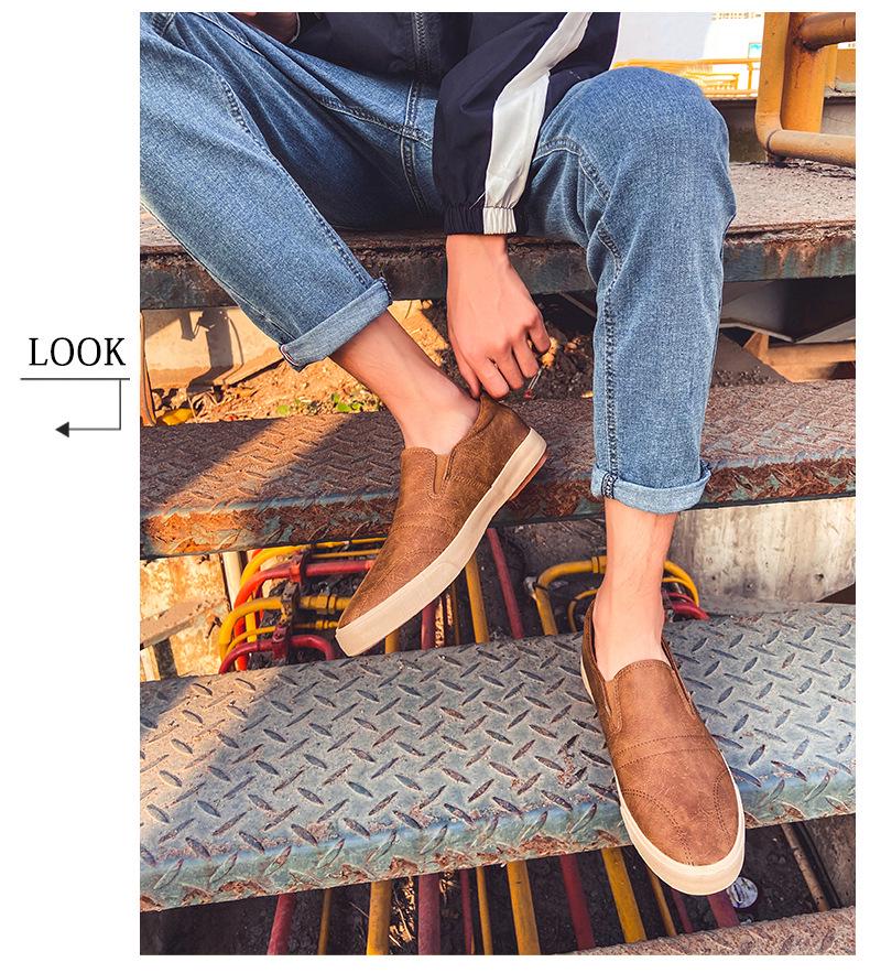 Men's White Casual Slip-On Leather Shoes – Elastic, Low-Top, Lightweight Rubber Flats for All Seasons.