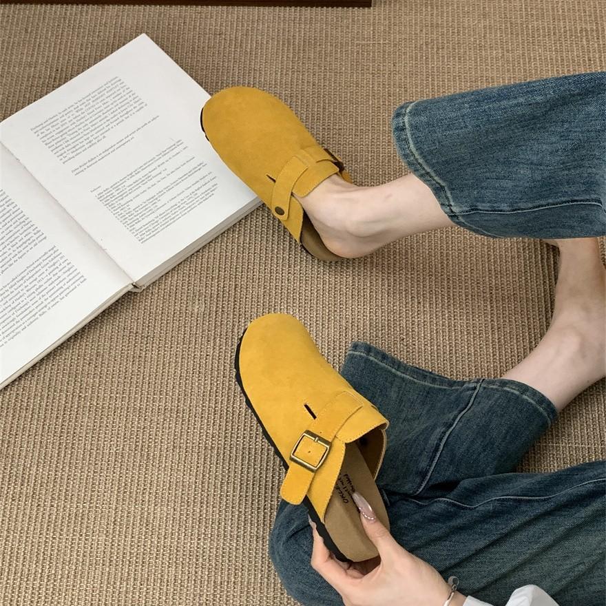 Inner height increase Mori matte leather slippers ugly cute bag head lazy half drag small man one pedal slippers 2025