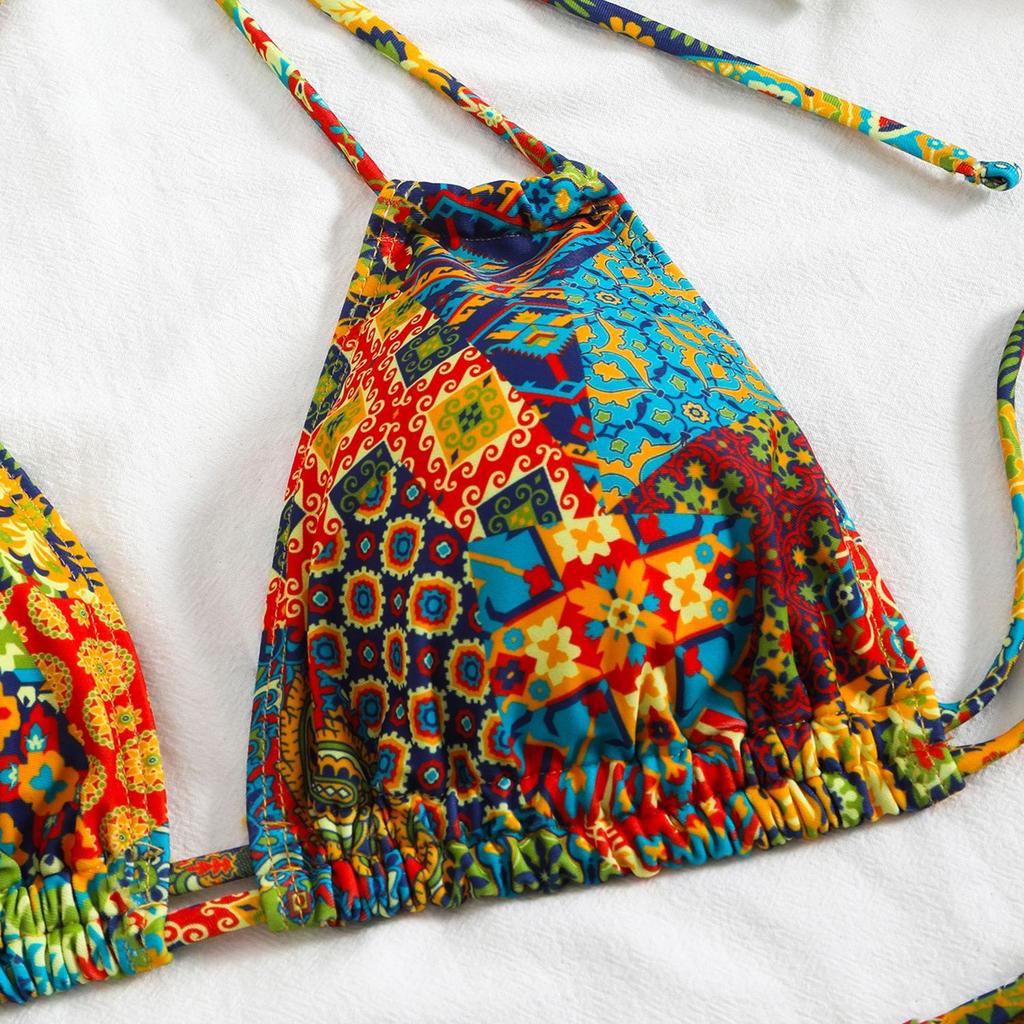 2025 European & American Women's Print Sexy Backless Double Tie Bikini Swimsuit