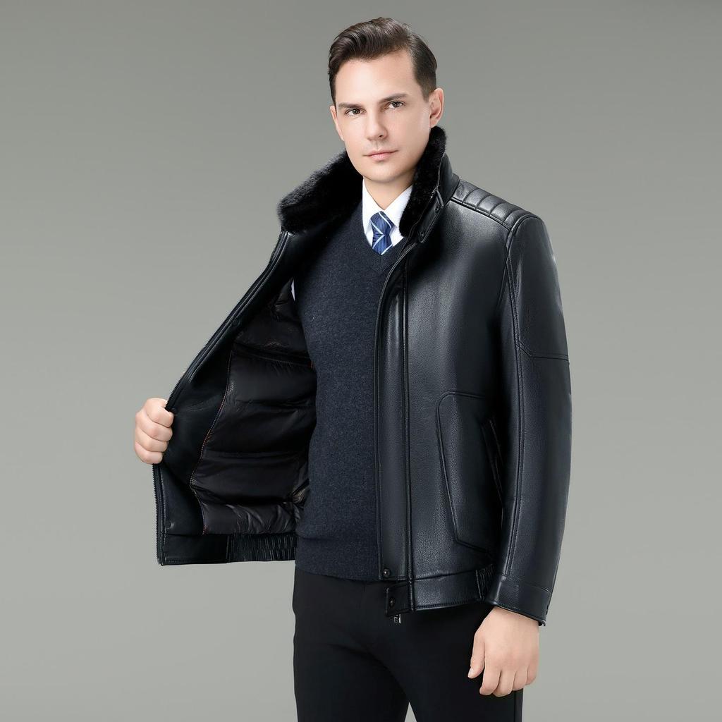 Luxury Men's Winter Leather Jacket with Down Liner - Middle-Aged Business Casual Warm Fur