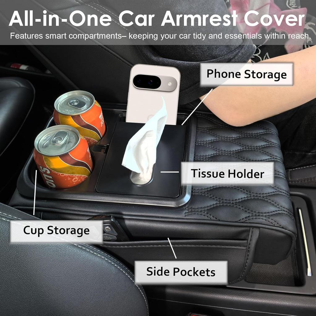 Car Armrest Cushion, 5-in-1 Design with Cup Holders, Car Center Console Cover, Tissue Box, Multifunctional Arm Rest Cover for Car with Cup