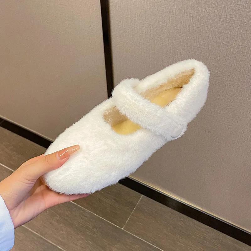 Fashion 2024 Winter Warm Women’s Plush Flat Shoes Korean style mary jane Ladies casual boat shoes Outdoor work shoes