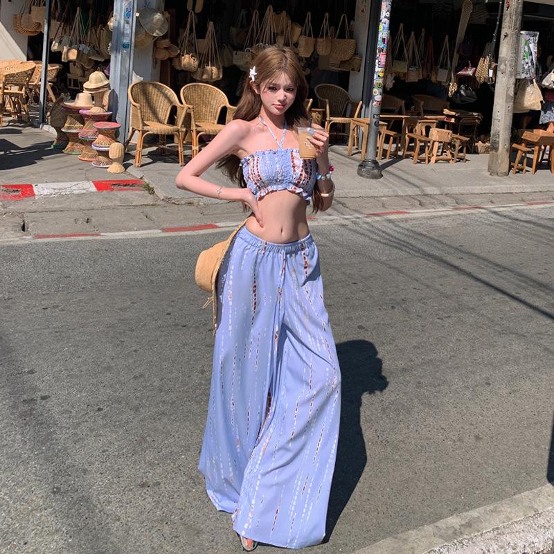 

Summer island vacation women s outfit: blue tube top and high-waisted wide-leg pants two-piece set for travel wear S