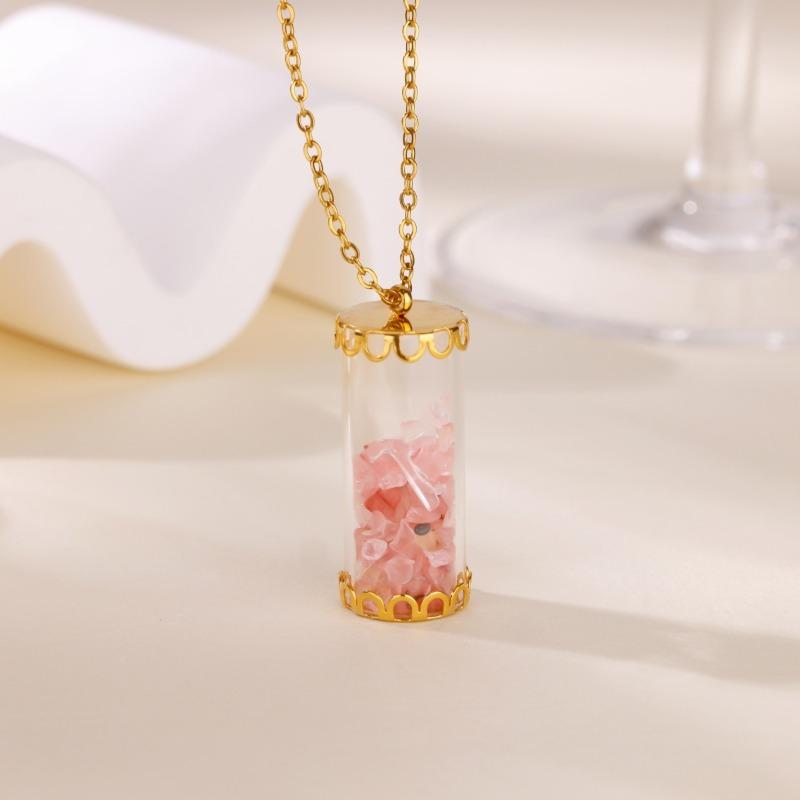 Creative Cylinder Crystal Glass Phase Box Pendant Necklace Pastel Crystal Gravel Wishing Bottle Stainless Steel Clavicle Chain