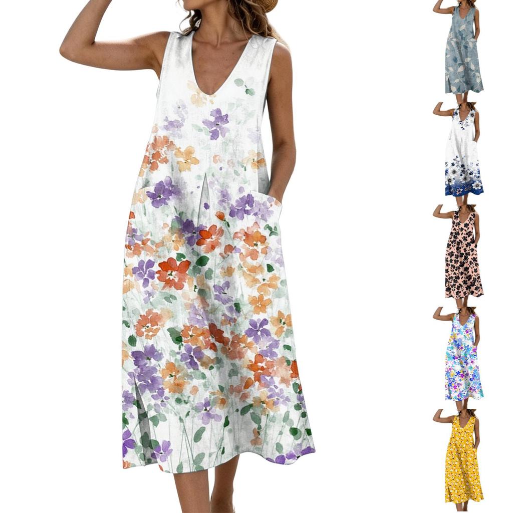 Women's Sleeveless V Neck Midi Dress with Pockets Split Hem Floral Print Linen Cotton Blend Summer Casual Dress