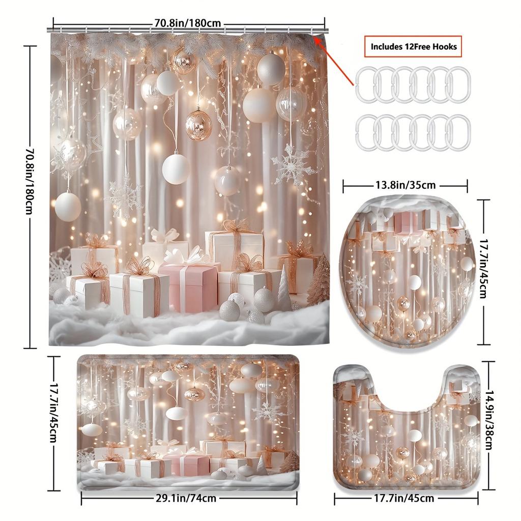 4Pcs Xmas Pink Bath Set, Elegant Holiday Scene Curtain, 12 Hooks, Non-Slip Mat, U-Shaped Toilet Cover, Perfect Xmas Gift