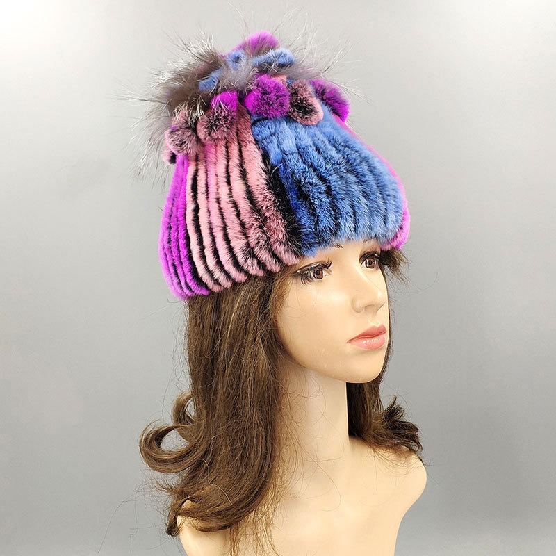 New Rex Rabbit Hair Hat Women's Winter Thickened Warm Fashion Versatile Elastic Fur Woven Hand-sewn Knitted Hat