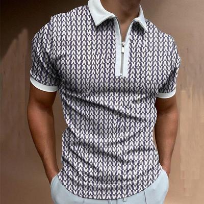 Men's Business Geometric Pattern Printed Fashion Zipper Short-sleeved POLO Shirt