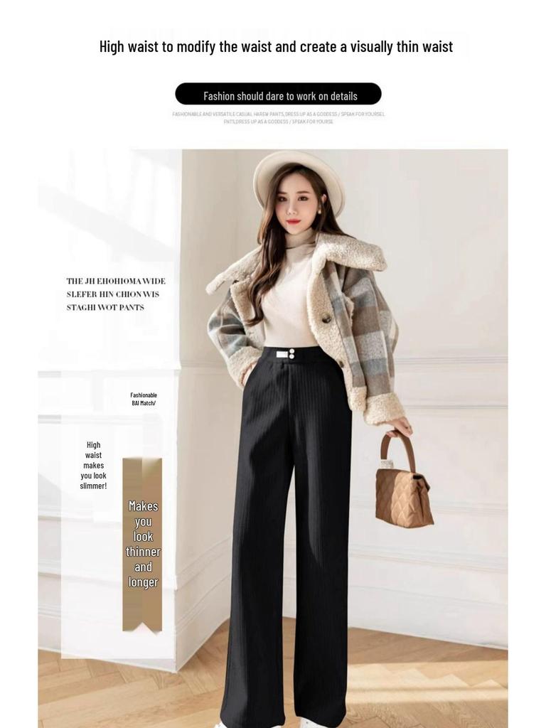 Petite Beige Fleece Chenille Wide-Leg Pants - Women’s High-Waisted Slim-Fit, Autumn/Winter Casual Straight-Leg XS-150