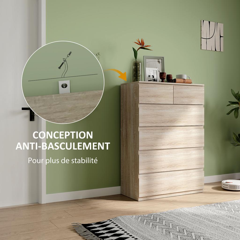 6-Drawer Chest Storage Unit without Handles Minimalist Design 80 x 39 x 115 cm Natural Wood