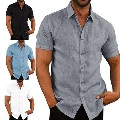 Mens Linen Blouse Short Sleeve Baggy Buttons Summer Solid Comfortable Pure Cotton and Linen Casual Loose Holiday Shirts