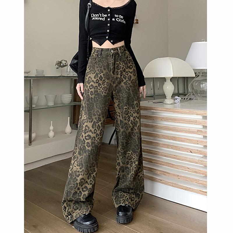 Women's High Waist Wide Leg Jeans Loose Fit Leopard Print Denim Pants Vintage Straight Casual Trousers