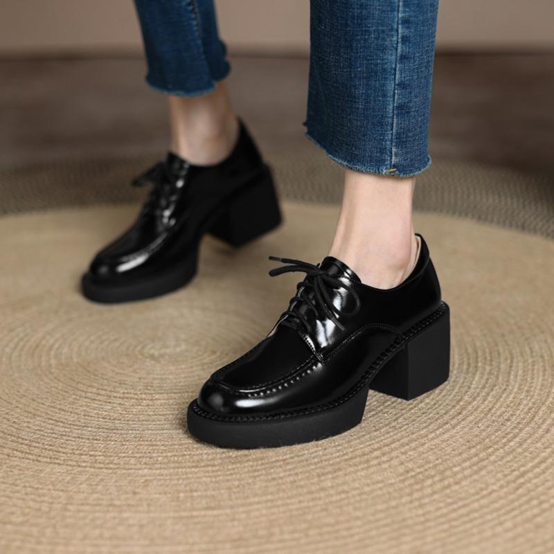 Fashion NEW Spring/Autumn Women Pumps Split Leather Shoes for Women Round Toe Chunky Heel Shoes Comfortable Lace-up Platform Daily Shoes