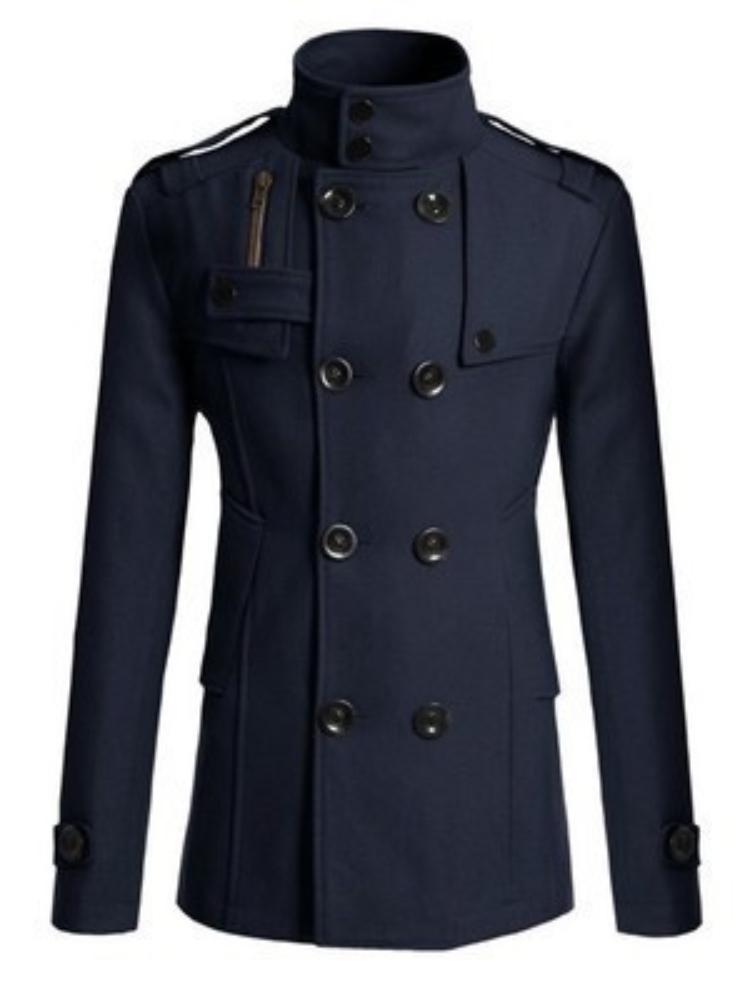 

Мужское модное двубортное пальто с воротником-стойкой, длинными рукавами, регулируемыми манжетами и карманом на молнии 4XL тёмно-синий